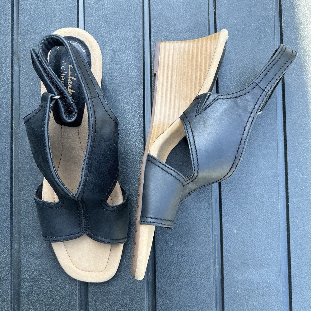 Clarks Wedge Sandals Women's 8.5 M Kyarra Aster In Black Leather Adjustable